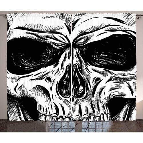 Halloween Curtains Gothic Dead Skull Face Close up Sketch Evil Anatomy Skeleton Artsy Living Room Window Drapes Black White
