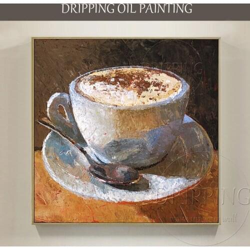 Special Wall Decor Hand-painted Impression A Cup of Cappuccino Oil Painting on Canvas Coffee Oil Painting for Kitchen Decoration