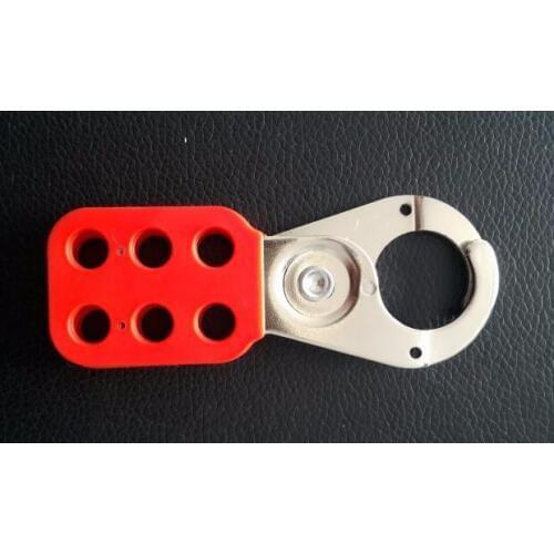 Lockout Hasp chrome coated steel, scissor action 25mm dia jaws, red plastic coated