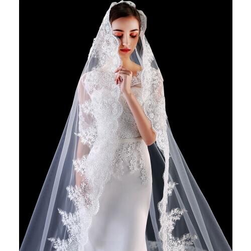 JaneVini 3 Meters Long Wedding Veil with Appliques One Layer Graceful Comb Lace Edge Bridal Veils Bride Accessories welon 3m