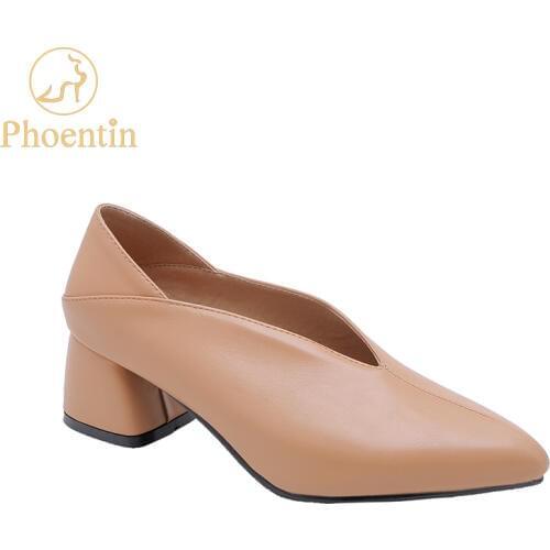 Phoentin slip on OL women pumps PU leather designer brand luxury woman shoes med heels plus size female footwear apricot FT657