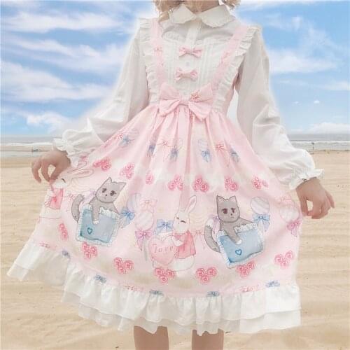 Japanese Sweet Kawaii Jsk Lolita Dress Girls Summer Gothic Cute Cat Sleeveless Lolita Maid Vestidos Vintage Lace Ruffle Dresses