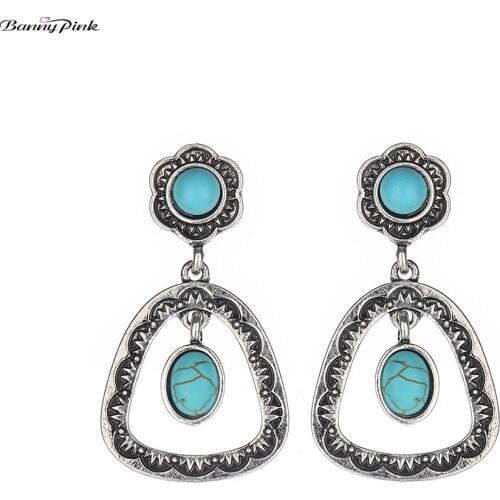 Banny Pink Ethnic Retro Tribal Synthetic Stone Stud Earrings For Women Vintage Geometric Carved Triangle Gypsy Earring Brincos