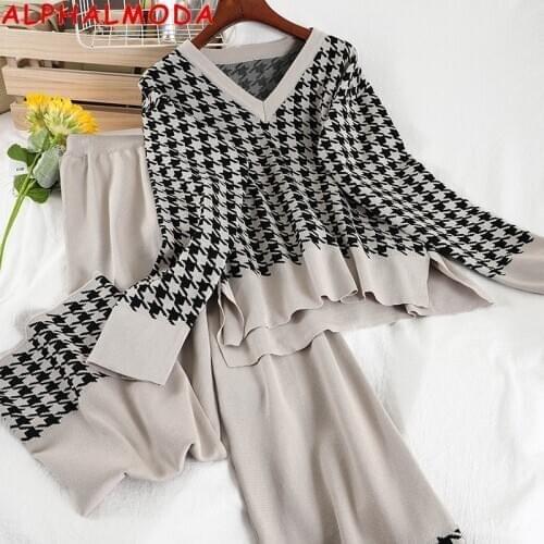 ALPHALMODA V-neck Houndstooth Sweater Trousers Set Women V-neck Loose Sweater with Split Wide Leg Pants Winter 2pcs Fashion Suit