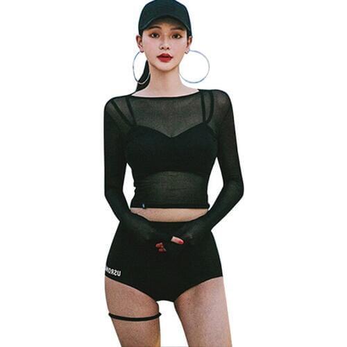 Women Sweet Net Perspective Solid Color High Split Elastic Waist Long Sleeve Three-Piece Sports Sunscreen Swimsuit Black Bikini