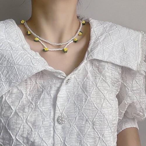 Origin Summer Temperament Double-Layer Yellow Flower Chokers Necklace for Women Simulation Pearl Beaded Necklace Jewelry