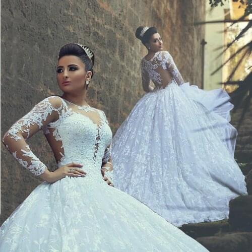 Dubai muslim plus Gorgeous Gelinlik Lace Long Sleeve High Neck Pincess Ball Gowns White vestido novia Bespoke Wedding Dresses