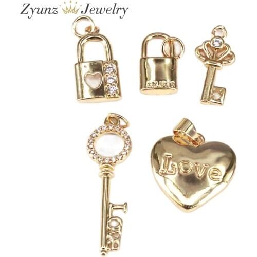 10PCS, Love Heart Key Lock Gold Charms, Pendant Charms, Earring Bracelet Necklace Jewelry Making