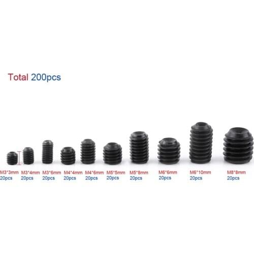 200pcs 12.9 grade alloy steel M3-M8 Hex Socket Head Grub Set Screw Cup Point Assortment Kit With Box