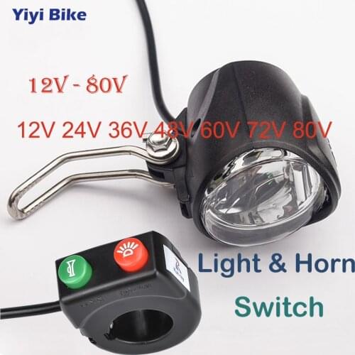 Free Shipping 12V - 80V 24V 36V Universal e bike Headlight Horn Finger Switch Buttons Kit LED Front Light Sound Thumb Throttle
