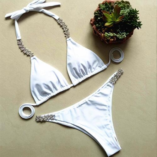 Diamond bikini white rhinestone bikini Braizilian strappy swimsuit halter swimwear twinkling handmade rhinestone swimwear women