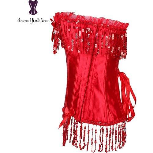 Side 3 Hooks Closure Tassel Decorated Dance Wear Costumes Sexy Lingerie Women Bustier Sequined Shapewear Corset 803