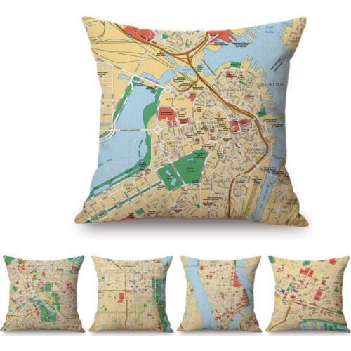 18" Nordic City Map Bombay Boston Chicago Montreal US Cities Graphic Home Decorative Sofa Pillow Case Cotton Linen Cushion Cover