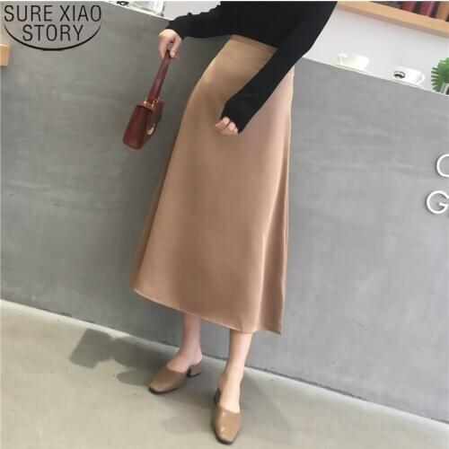 Glossy Satin Skirt Fashion Casual Women Elegant OL Skirt Ladies Solid Shiny Party Office Skirts Solid High Waist Skirts 9645