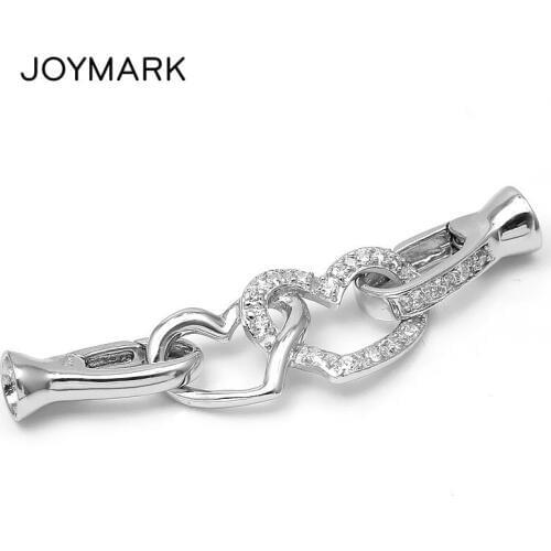 JOYMARK 925 Sterling Silver Zircon Pave Double Heart Jewelry Connector With Lobster Clasp End Caps Connector Clasps SC-CZ129