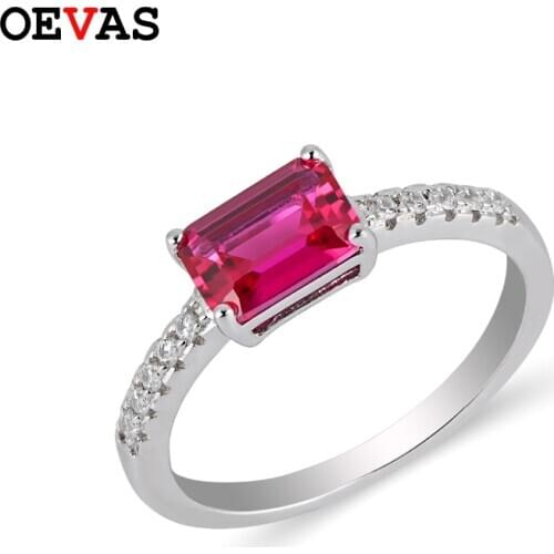 OEVAS 100% 925 Sterling Silver Sparkling Ruby High Carbond Diamond Engagement Rings For Women Wedding Party Fine Jewelry Gifts