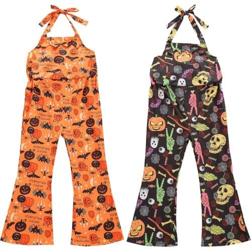 Infant Halloween Halter Overalls, Baby Tie-up Cartoon Pumpkin Print Suspender Pants (Black, Orange) 1-6T