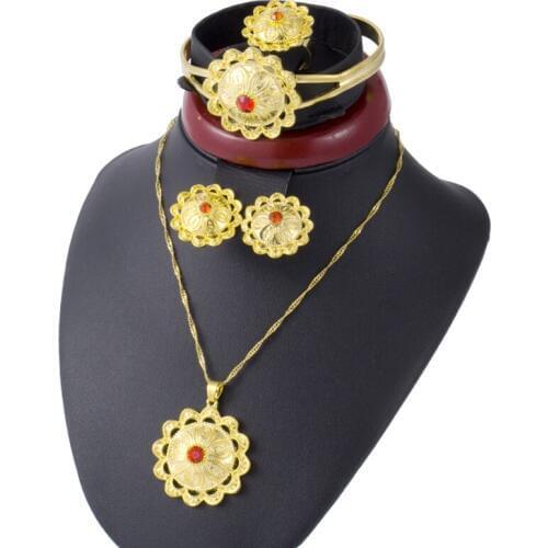 Red Stone Habesha Africa Women Jewelry Set Gold Color Flower Earring Set Wedding Bride Jewelry Ethiopian Middle East Arab ring