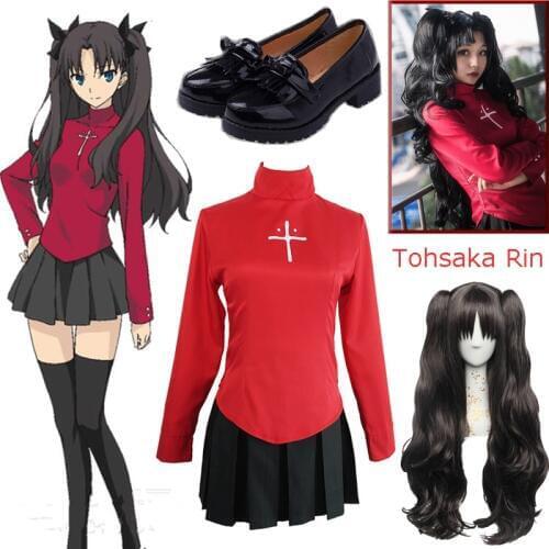 Tohsaka Rin Halloween Cosplay Costume Fate/Stay Night Rin Tohsaka Uniform Dress Cos Anime Fate Grand Costumes Full set with Wig