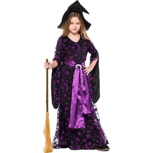 Umorden Girls Purple Star Moon Witch Sorceress Costume Long Dress Halloween Witches Costumes Cosplay for Kids Children Teen