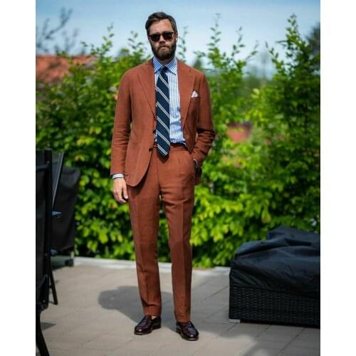 2021 Summer Brown Mens Suits 2 Piece Beach Groomsmen Wedding Tuxedos For Party Men Flax Formal Prom Suit (Jacket+Pants)