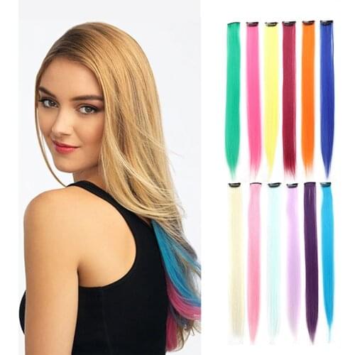 Color Hair Extension Clip Sets Clip In One Piece Long Straight Style 22 Inch 1pc 10g Synthetic Rainbow Hairpieces For Kids Girls