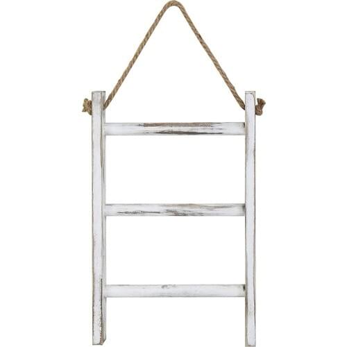 Wall-Hanging Towel Ladder Rustic Whitewashed Wood Countertop Ladder Farmhouse Decor Towels Rack with Adjustable Rope
