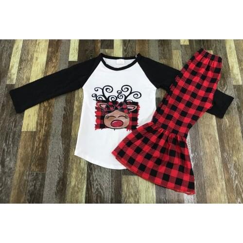 Autumn childrens boutique Christmas cute bow reindeer classic red and black check bell bottom suit