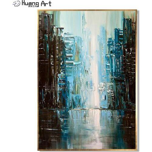 Handmade Modern Fine Art Abstract City Painting Palette Knife Art Oil Painting Hand Painted Landscape Wall Decorative Picture