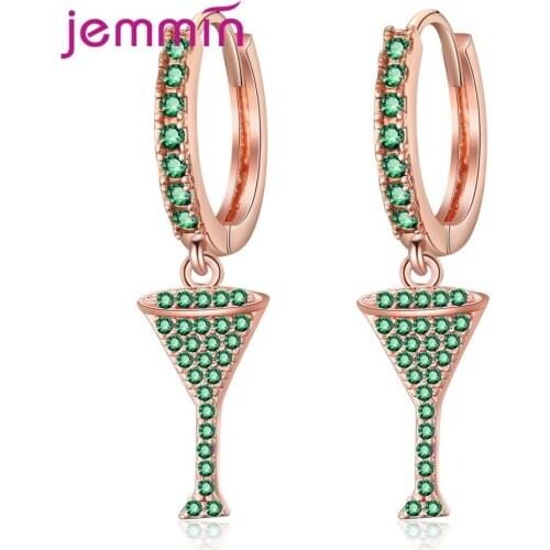 Fine Rose Gold Lever Back Huggie Earrings Full 5A Cubic Zircon Paved Wine Cup Cocktail Glass Sparkling Women Holiday Jewelry