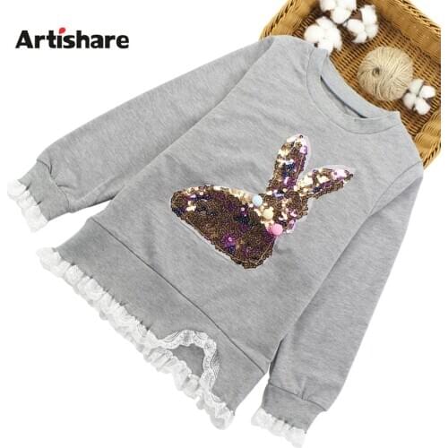 Girls Sweatshirt & Hoodeis Sequin Rabbit Girl Sweatshirt Lace Flower Sweatshirt Kids Spring Autumn Girl Clothes
