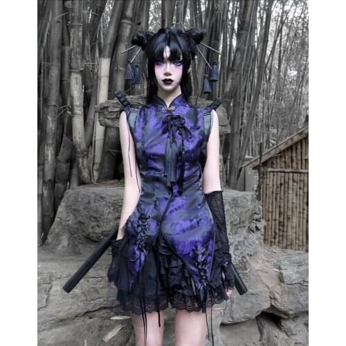 Original Design Goth Chinese Buckle Improved Cheongsam Irregular Purple Top Tank Camisole Summer Indie Folk Clothing