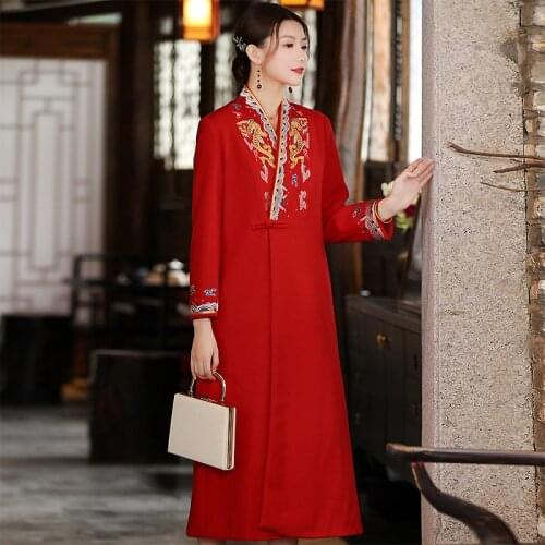High Quality Womens Mid-Length Autumn And Winter New Chinese Style Embroidery V-Neck Plus Size A Buckle Woolen Coat S-XXL