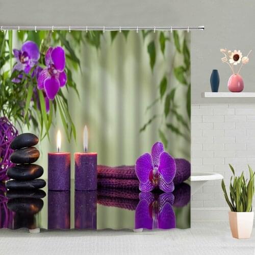 Zen Stone Shower Curtain Bamboo Green Leaf Flower Plant Bathroom Decoration Bath Curtains Washable Hanging With Hook Home Screen