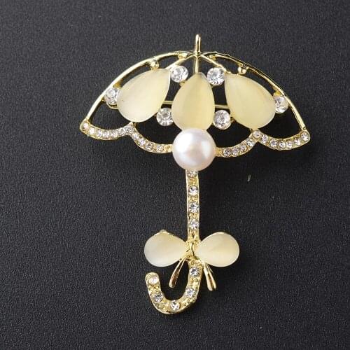 Freshwater White Pearl Umbrella Brooches For Women Lady Fashion Vintage Flower Pin