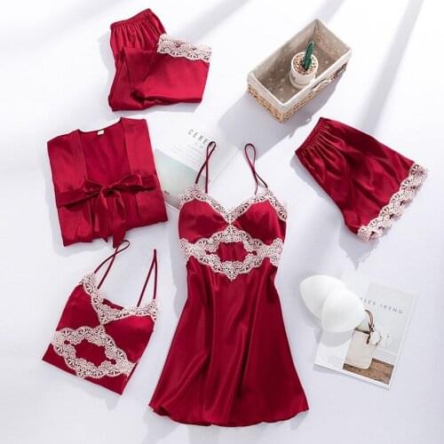 Women Satin Pajama Sleep Suit Lace Sleepwear Set Sexy Nightwear Kimono Bathrobe Gown Lce Silk PJS Lounge Wear With Chest Pads