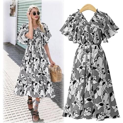 Fashion Summer 2021 New Europe United States Print Collar Backing Chiffon Loose Dress Womens Floral Off Shoulder