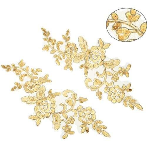1 Pair Gold Floral Bridal Motif Sequins Applique Sewing Craft Venise Lace Applique Sewing Trim for Dress Clothing DIY Craft