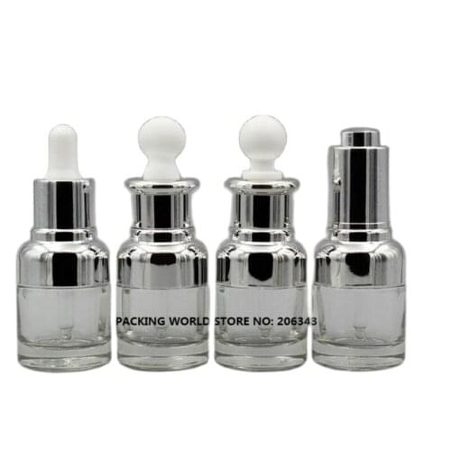 20ml transparent glass bottle with silver shoulder and silver collar bulb dropper for serum/oil/essence/liquid dropper bottle