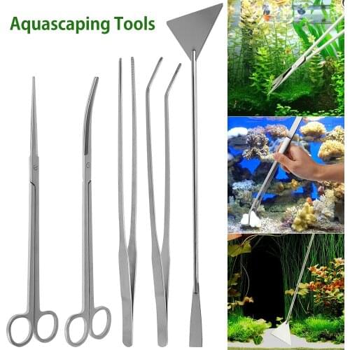 5 Pcs Aquarium Tank Aquascaping Tools Plants Tweezers and Scissors Grass Stainless Steel Cleaning Tools for Aquarium Maintenance