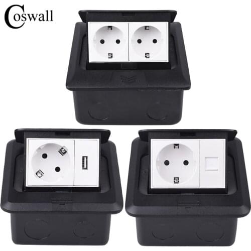 Coswall Aluminum Black Panel Slow Pop Up Floor Socket Russia Spain EU French Polish Standard Outlet With USB Charging Port 5V 1A