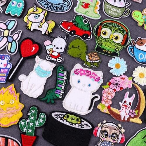 Cartoon Animal Applique Embroidery Patches For Clothing DIY Cute Cat Patch Iron On Patches On Kids Clothes Rainbow Flower Badges