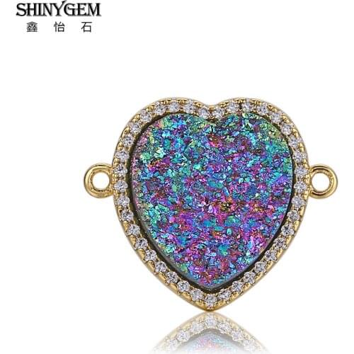 ShinyGem 18mm Heart Shape Natural Crystal Druzy Connectors Charm Gold Plating Inlay Zircon Gem For Diy Jewelry Making Necklace