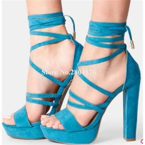 Women Sexy Fashion Open Toe Suede Leather High Platform Chunky Heel Gladiator Sandals Lace-up Blue Thick High Heel Sandals Heels