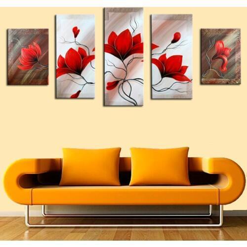 Flower Wall Painting Canvas Hand Painted Modern Abstract Flower Oil Painting Canvas Painting 5 Panel Canvas Artwork Art Unframed