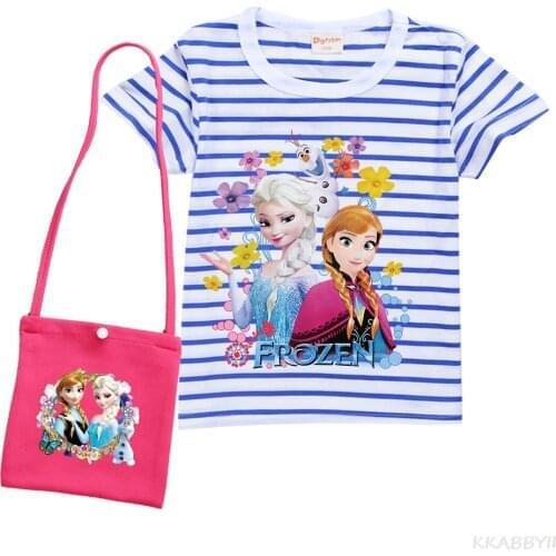 Disney Summer Girls Kid Frozen Elsa Cartoon Cotton T Shirt Pants +bag Baby Childrens T-shirt Tops Tees Set Home Casual Clothes