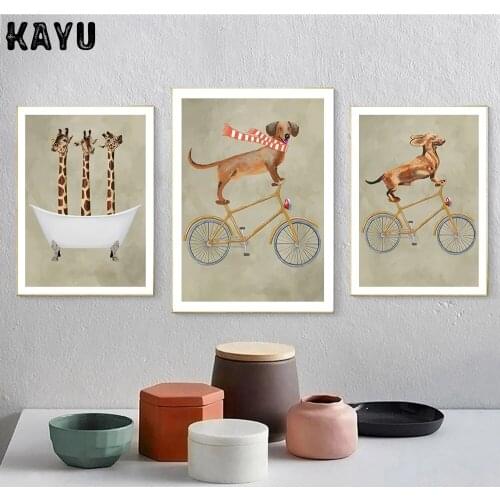 Dachshund On Bicycle Poster Animals Canvas Painting On The Wall Giraffe Bathtub Nordic Print Picture For Living Room Home Decor