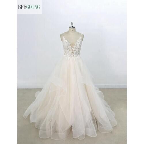 Champagne Tulle Lace V-Neck Spaghetti Straps Floor-Length A-line Wedding Dress Chapel Train Custom Made
