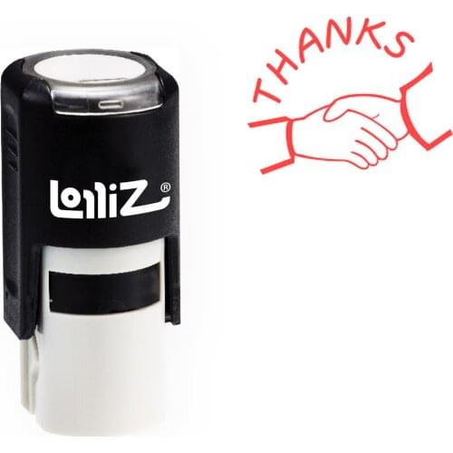 LolliZ Round Self-Inking Stamp, "Thanks" W/ Handshakes Image, Teacher Stamp W/Lid, Laser Engraved Rubber, RED
