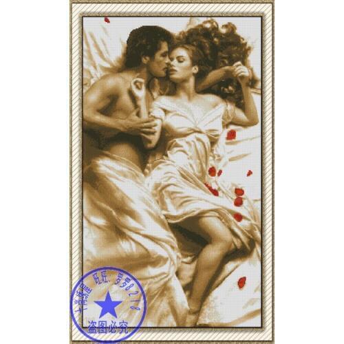 Top Quality romantic nostalgic counted cross stitch kit kiss lover couple on bed 45X71CM, 14CT
